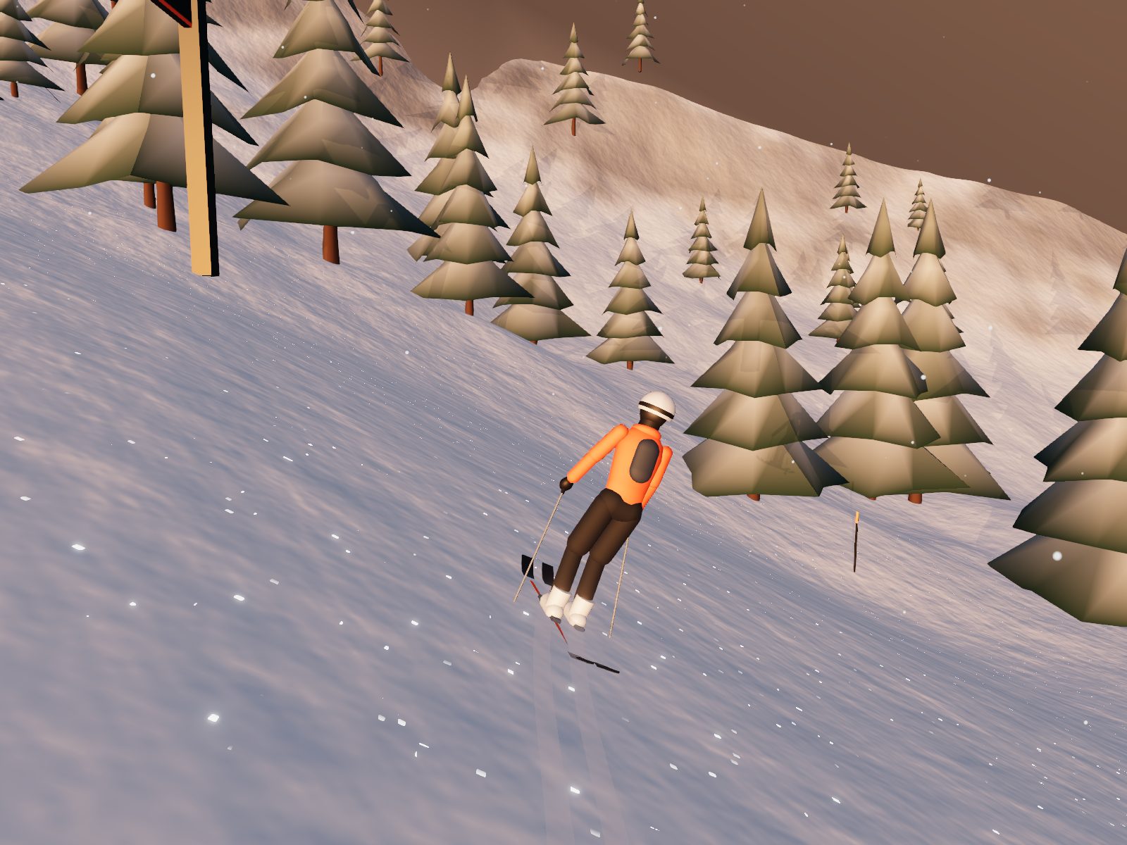 A skier carving through fresh snow between pine trees at sunset